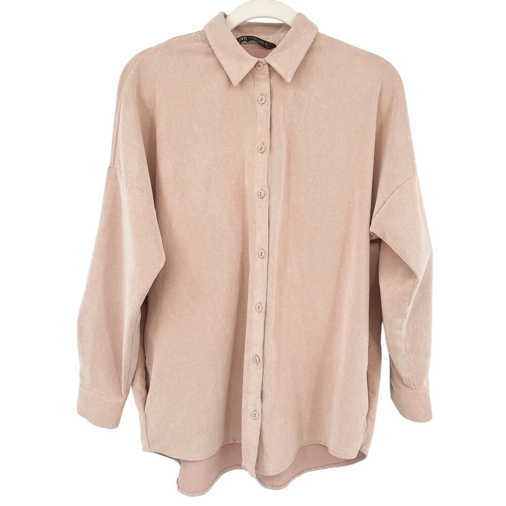 ZARA Womens Oversized Ribbed Corduroy Button Down Boyfriend Shirt Size S Blush